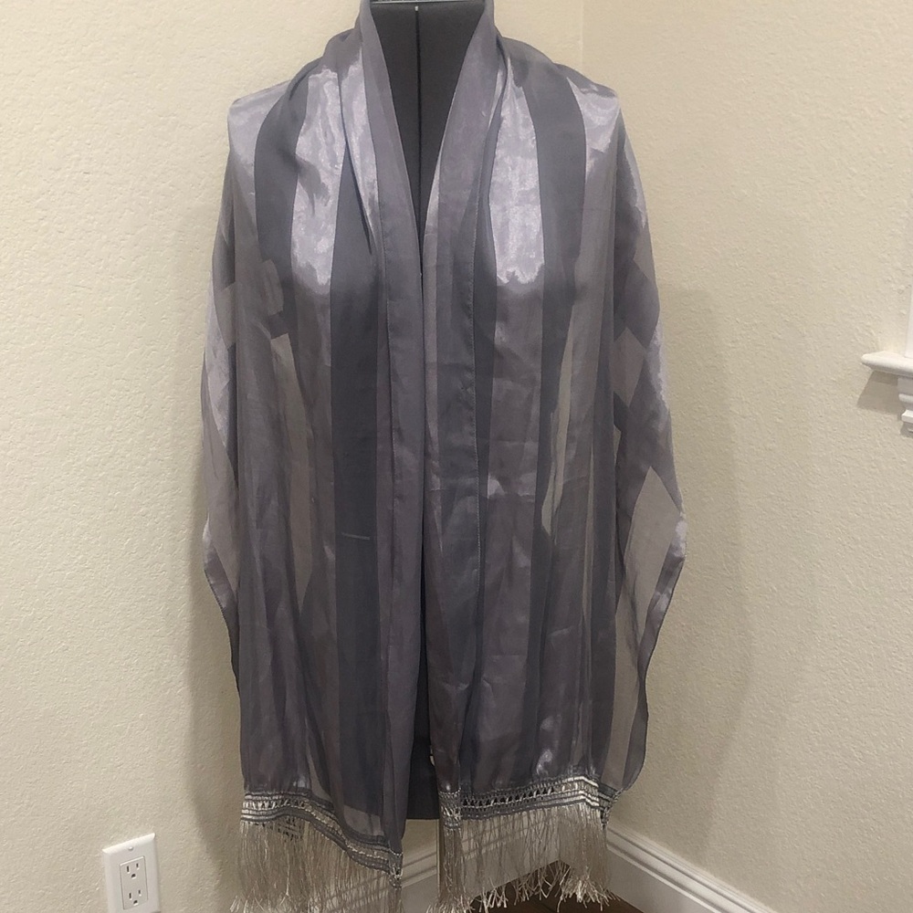 Elegant Gray Striped Sheer Shawl with Fringe